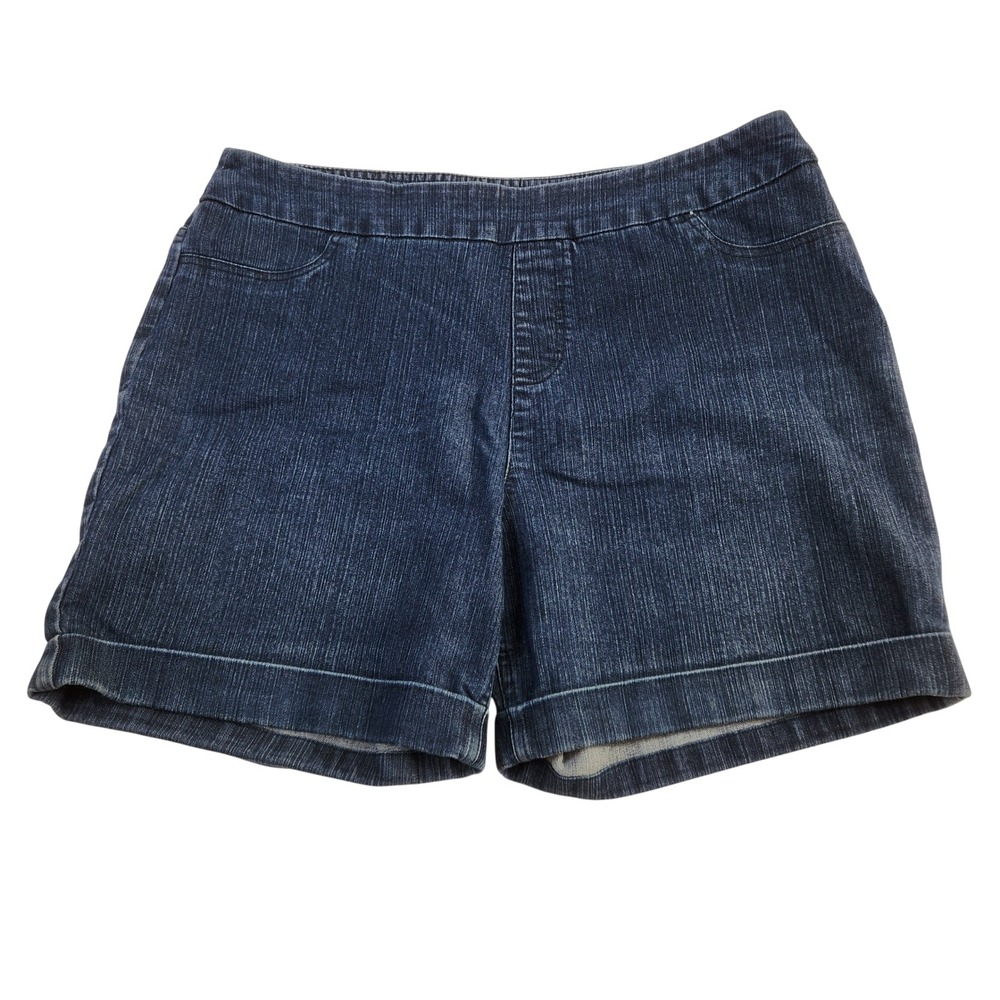 Soft Surroundings Womens Large Blue Denim Pull On Cuffed Shorts Stretch Pocket